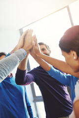 Employees, business team and high five in office, huddle and collaboration with creative people....