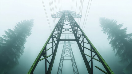 Obraz premium low angle view of towering power pylon surrounded by misty trees creates mysterious atmosphere. structure stands tall amidst fog, emphasizing its height and industrial design
