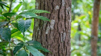 Obraz premium A tree with thick bark in a serene woodland setting.