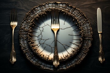 Golden fork on cracked plate with decorative rim, knife and fork on dark wooden table setting an elegant and intriguing table