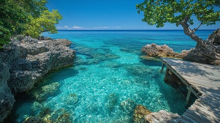 diving into crystal clear blue water, where the peaceful aquatic environment offers a unique underwater experience filled with the beauty of nature and tropical life