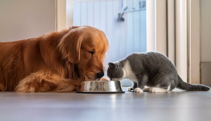 golden retriever and british shorthair eating together