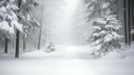 Fototapeta premium Snow Covered Path Through A Misty Winter Forest