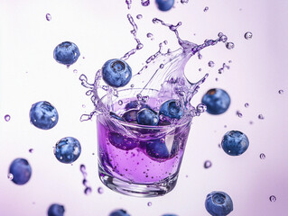Blueberry Kissel Splashes Mid-Air with Floating Fresh Berries in a Crystal Glass