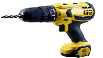 Yellow and black cordless drill with drill bit on transparent background