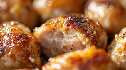 Close-up of crispy sausage skin splitting to reveal juicy meat.