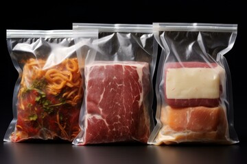 Food like pasta, meat and fish being preserved in plastic bags using vacuum packing method