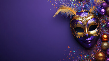 Vibrant carnival mask designed with glitter, beads and vivid feathers on a purple background. Mardi Gras. Perfect for Purim or similar events. Banner. Copy space. Flat lay.Top view. Mock up