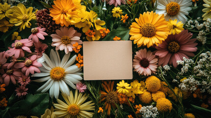 Blank tag on a background of Gerberas flowers. Flower delivery. Banner, background, card for Valentine's Day, Birthday, Anniversary, Mother's Day. Flat lay, top view. Copy space. Mock up.