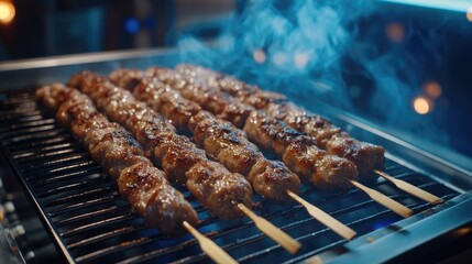 Fried sausages on a grill with smoky char marks, ready to serve.