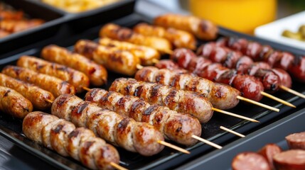 Fried sausages on skewers arranged on a serving plate with sauces.