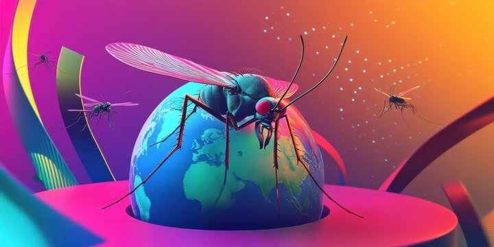 Global Mosquito Pandemic Threat: A 3D Render of a Giant Mosquito on Earth