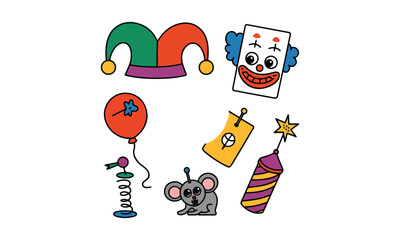 A colorful, playful illustration of a variety of April Fools' Day elements.