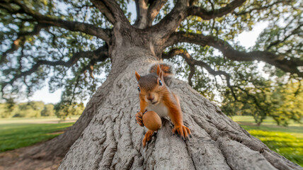Red squirrel holding a nut on a giant tree