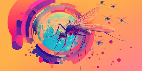 Obraz premium Global Mosquito Infestation Threat Artistic Rendering A Vivid Depiction of Mosquitoes and the World