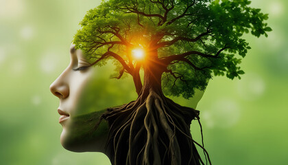 relaxing mind abstract double exposure, calm green nature earth with human head, , tree roots, close-up, with white tones
