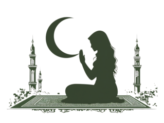 Silhouette of a Muslim woman praying under the crescent moon.
