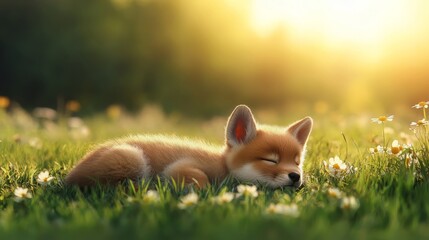Fototapeta premium Adorable Fox Kit Sleeping Peacefully in a Sunny Meadow Filled with Daisies