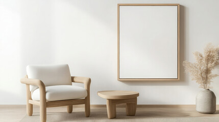 modern living room featuring white armchair, wooden coffee table, and blank frame on wall, creating serene and minimalist atmosphere