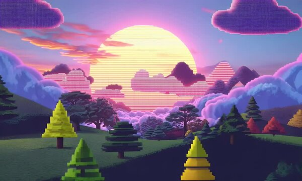 A mesmerizing pixel-art sunset over a dreamy landscape with floating clouds and voxel-style trees. A perfect fusion of retro aesthetics and futuristic vibes, creating a nostalgic yet modern atmosphere