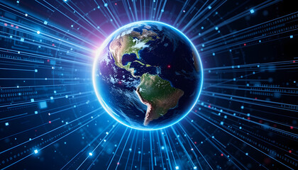 Abstract background with virtual planet rotating in space, surrounded by the net of data blocks, with white tones