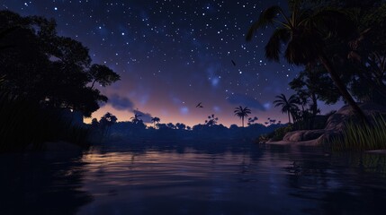 Naklejka premium The night sky awash with stars above a calm, reflective lagoon.