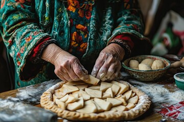 An elderly woman in an emerald dress makes a pie