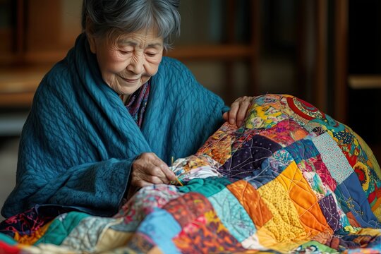 An old woman in a blue shawl sewing a colorful patchwork quilt