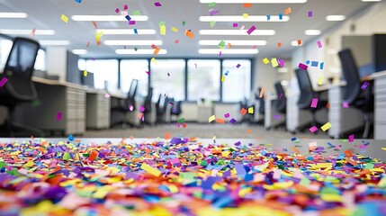 Fun at Work Office Celebration Team Spirit Colorful confetti in modern office space.