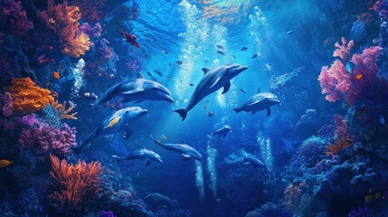 Fototapeta premium Diver Swimming with Playful Dolphins in Vibrant Ocean