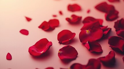 Scattered red rose petals on a soft surface.