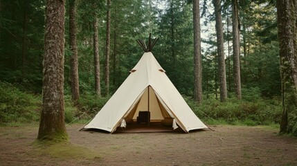 A neatly arranged sleeping tent surrounded by pine trees in a serene forest clearing.