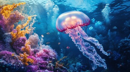 Obraz premium Serene Underwater Scene with Jellyfish and Coral
