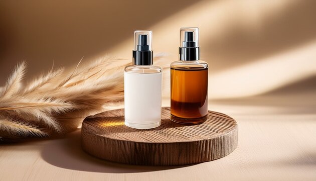 two glass fragrance samples with white brown liquid on wood tray mendacity on beige heritage with pampas grass luxurious and natural cosmetics presentation testers on woodcut in daylight generative ai