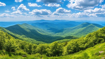 Naklejka premium A panoramic view of a lush green mountain range stretching to the horizon.