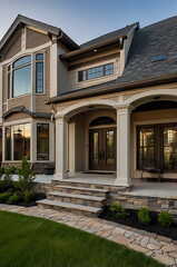 Luxury Home Exterior: Modern Architectural Design with Stone Facade and Landscaped Garden