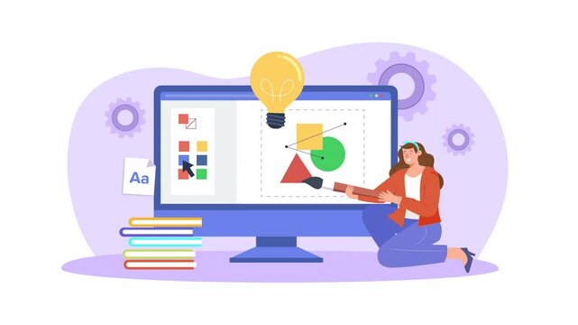 Female Graphic Designer Flat Character Animation Scene