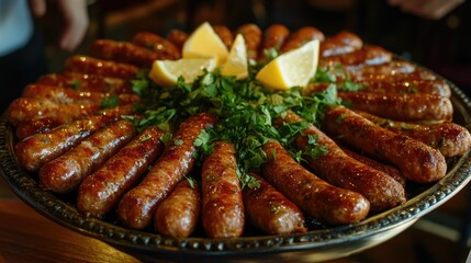 A platter of fried sausages garnished with lemon wedges and herbs.