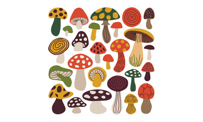Whimsical Mushroom Illustration, Hand-drawn Mushroom Patterns in Pastel Colors