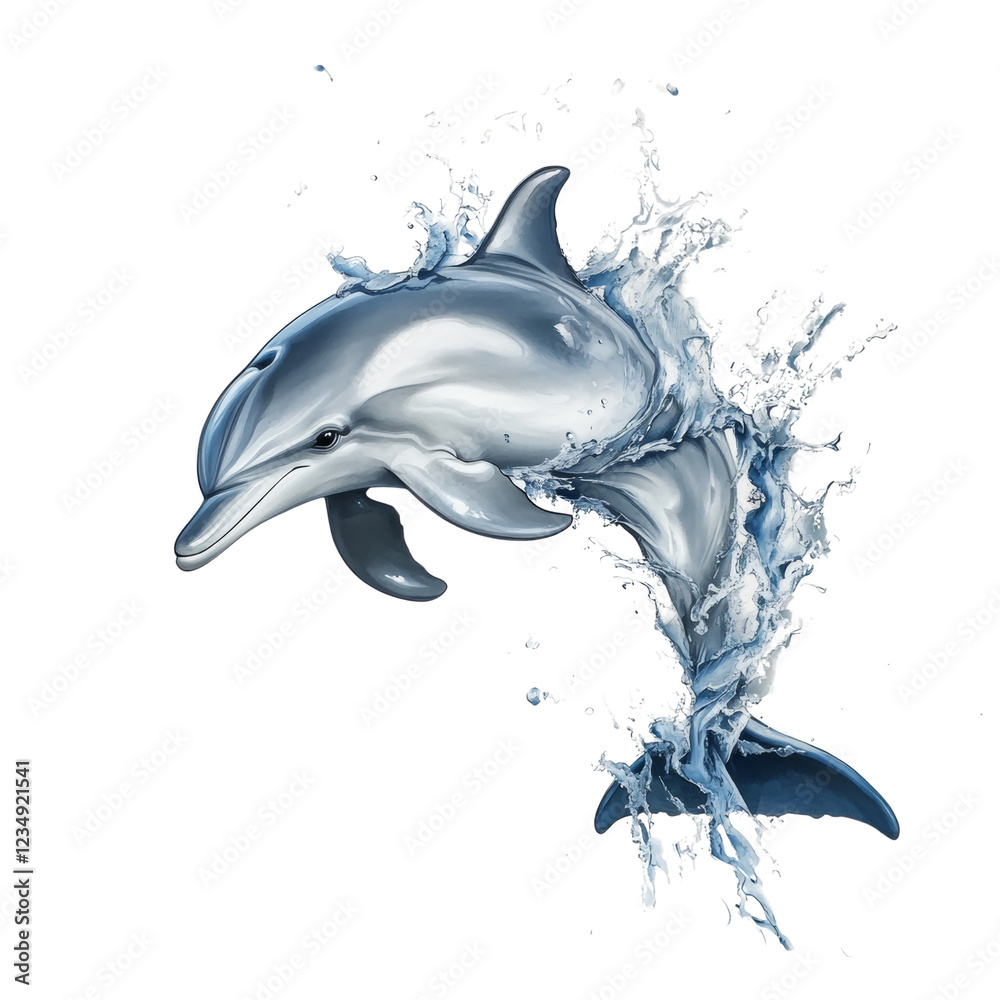 Poster A stylized dolphin dynamically leaps through the water creating a large splash against a black background.