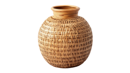 Round wicker vase isolated on transparent background