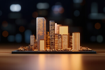 radiant cityscape model glows with analytics overlays, symbolizing urban innovation and futuristic design. miniature city is illuminated, highlighting modern architecture and technological