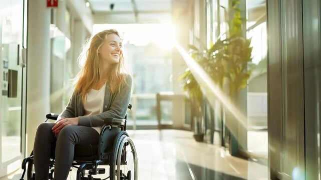 Vibrant portrait of young female student with disability looking at camera in college library and smiling