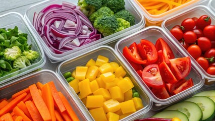 Many clear plastic containers are filled with various chopped colorful fresh vegetables, creating an array of vibrant colors and textures, perfect for food printing
