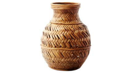 Empty wicker vase showing interwoven strands on transparent background