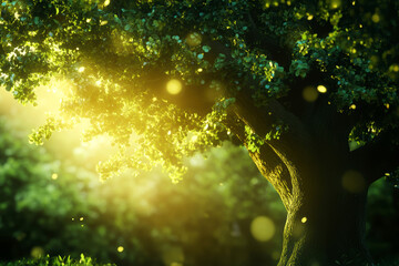 Lush green tree with sunlight filtering through leaves in serene forest setting