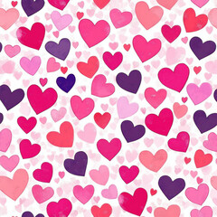 Colorful heart pattern with various shades of pink and purple on white background, creating cheerful and romantic atmosphere. Perfect for Valentine Day or love themed designs