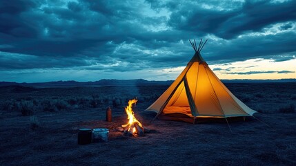 A sleeping tent set up beside a crackling campfire under a twilight sky.