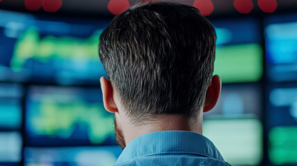 Caucasian man analyzing digital data on multiple screens in a modern technology workspace