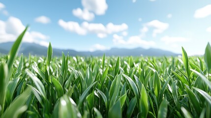 Obraz premium Lush green grass field, mountains background, sunny day, nature scene, perfect for eco-friendly ad